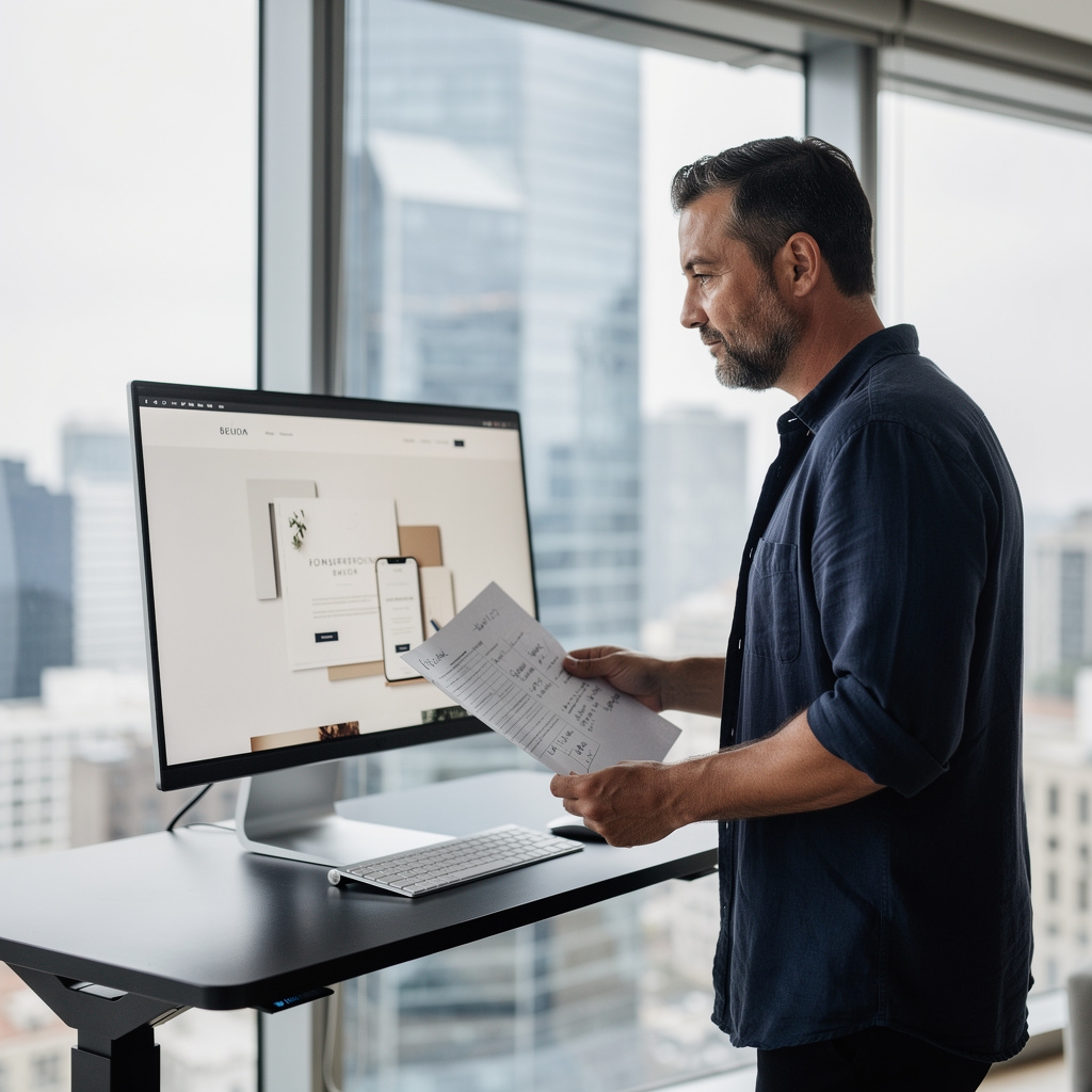 Emprendedor digital revisando su sitio web en un espacio de trabajo luminoso